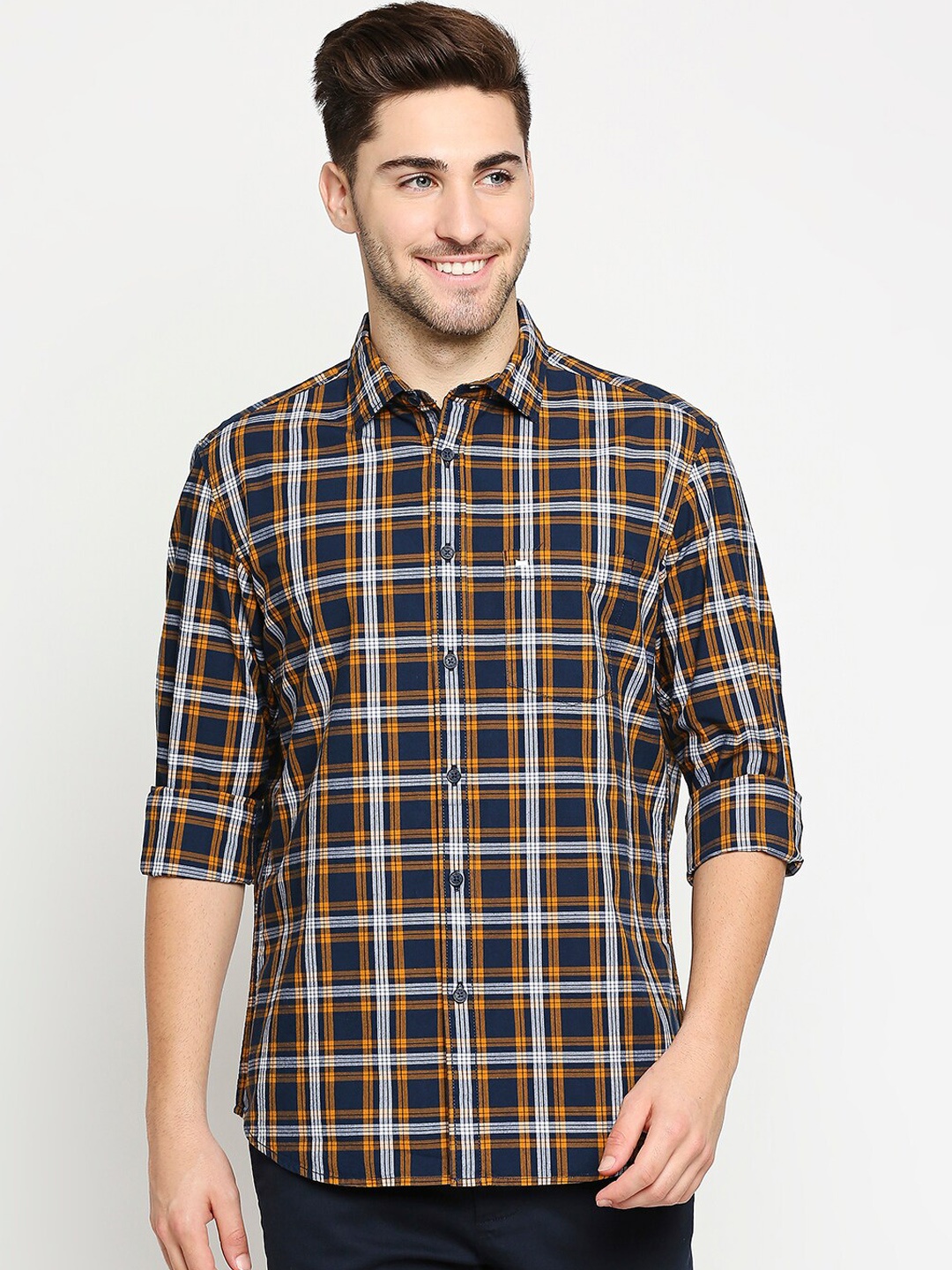 

Basics Men Yellow & Navy Blue Pure Cotton Slim Fit Tartan Checked Casual Shirt