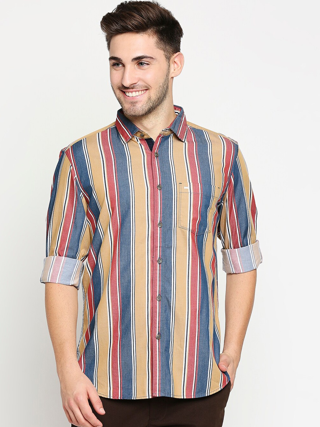

Basics Men Khaki Pure Cotton Slim Fit Vertical Striped Casual Shirt