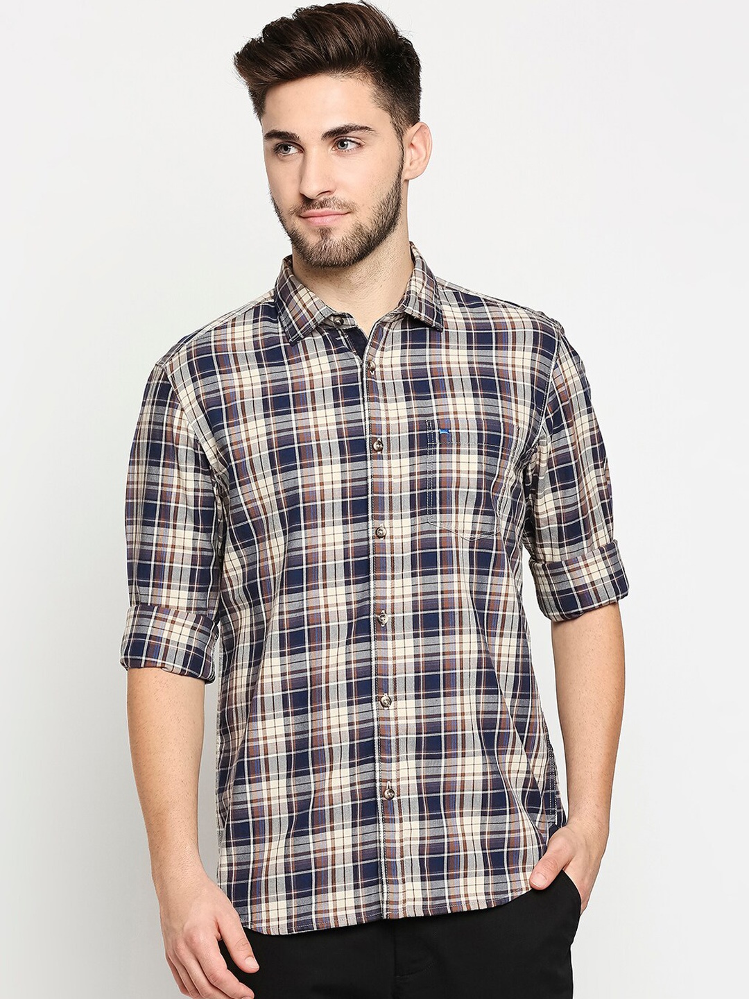 

Basics Men Khaki & Blue Pure Cotton Slim Fit Tartan Checks Checked Casual Shirt