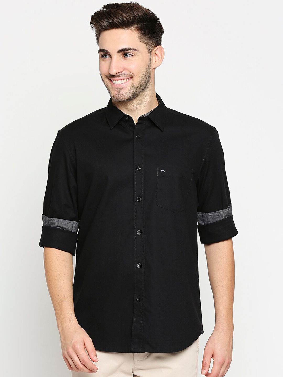 

Basics Men Black Pure Cotton Solid Slim Fit Casual Shirt