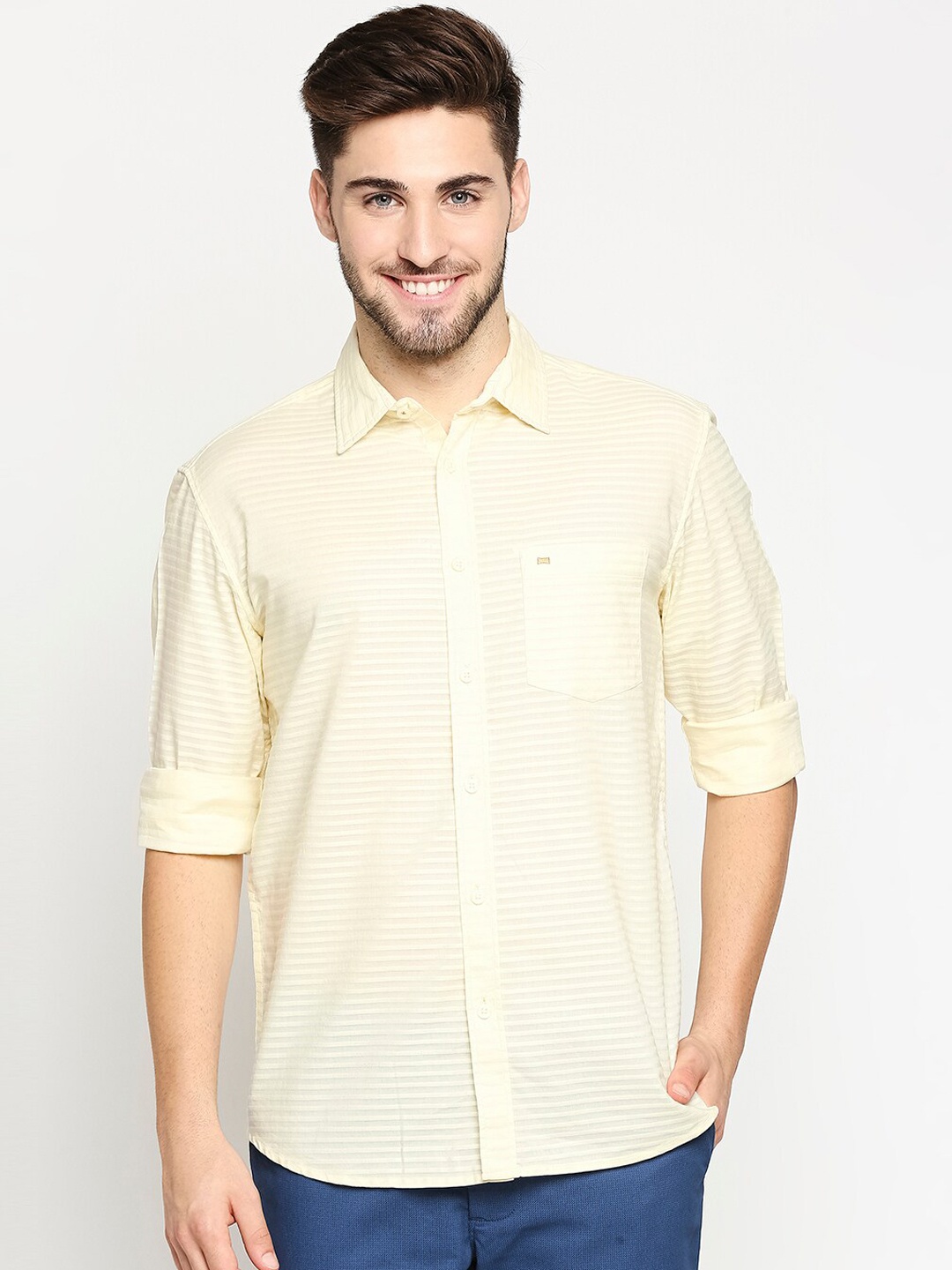 

Basics Men Yellow Pure Cotton Slim Fit Horizontal Striped Casual Shirt