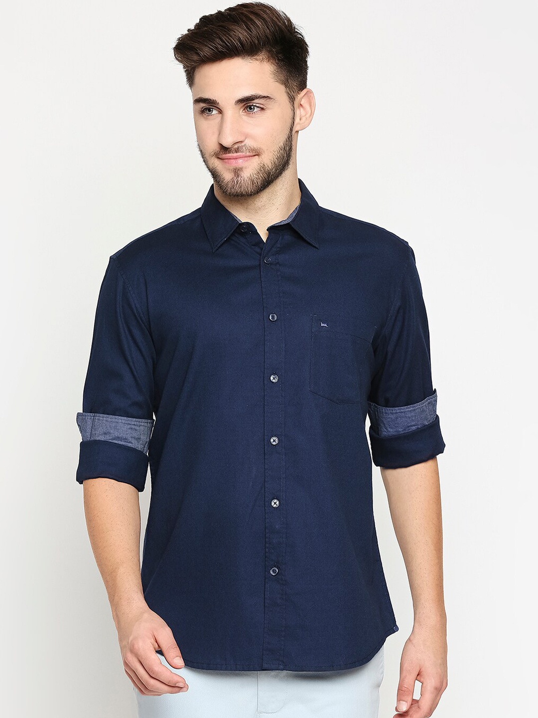 

Basics Men Navy Blue Pure Cotton Slim Fit Solid Casual Shirt
