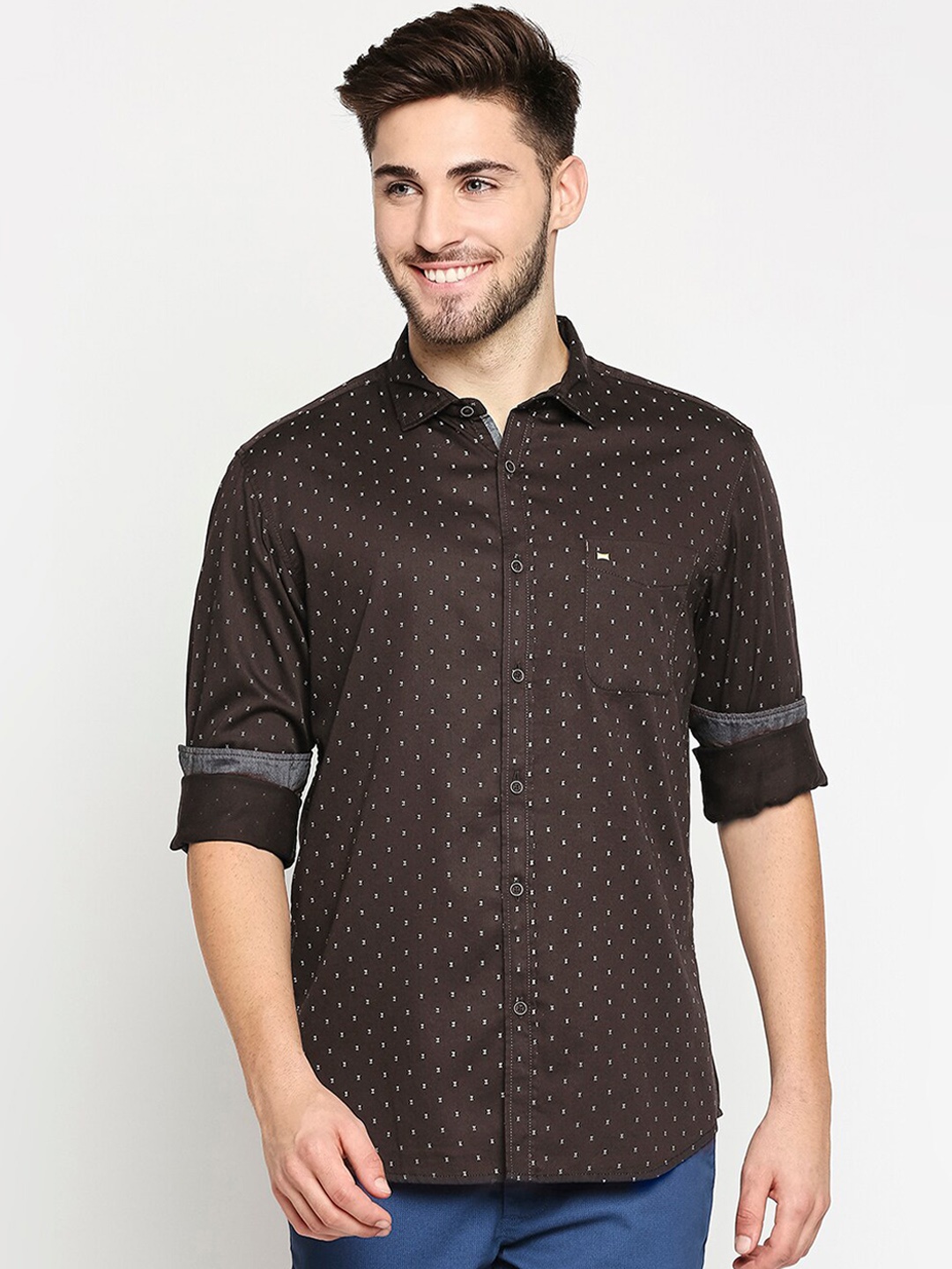 

Basics Men Brown Pure Cotton Slim Fit Printed Casual Shirt