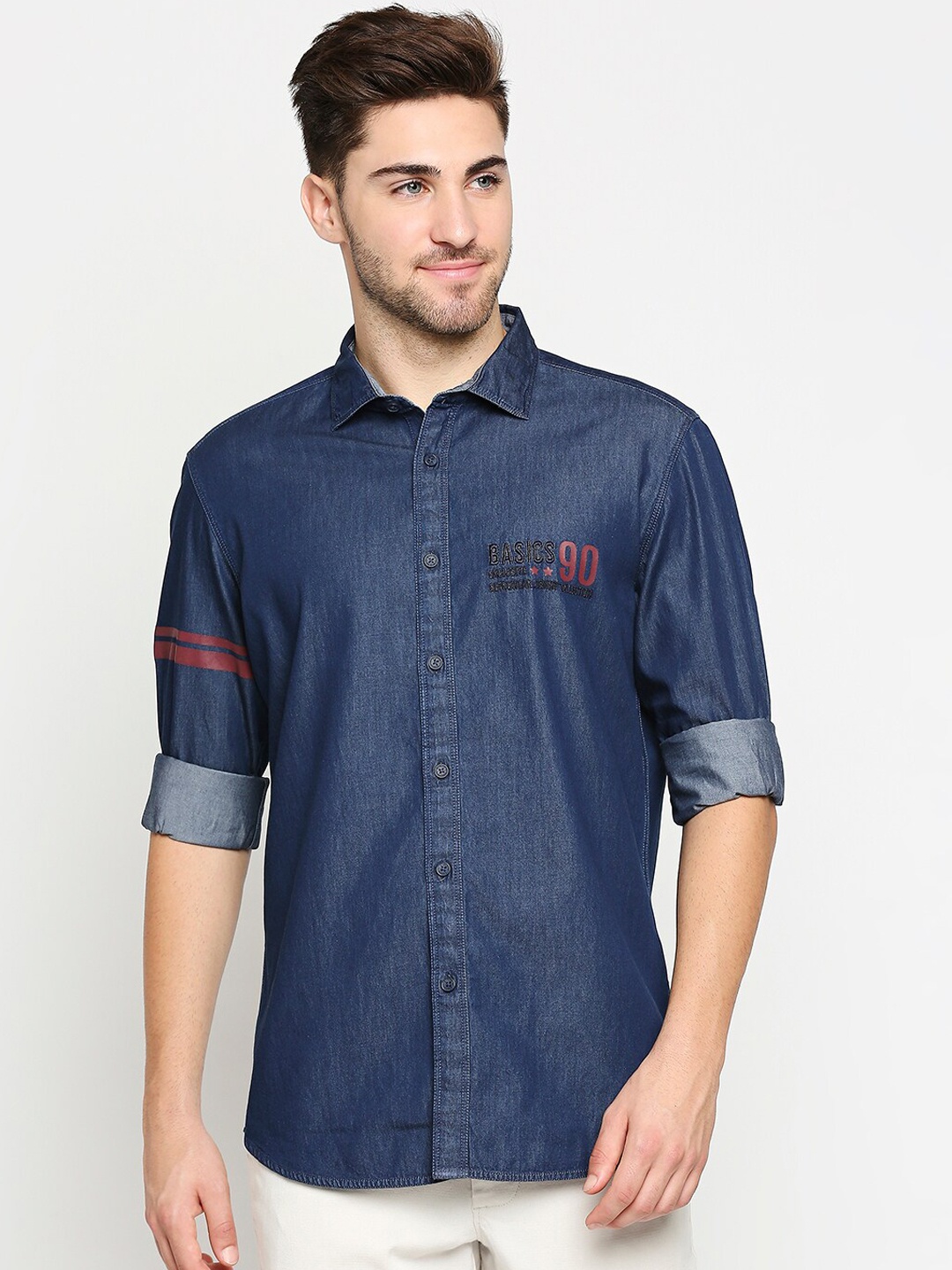 

Basics Men Navy Blue Pure Cotton Denim Faded Slim Fit Casual Shirt