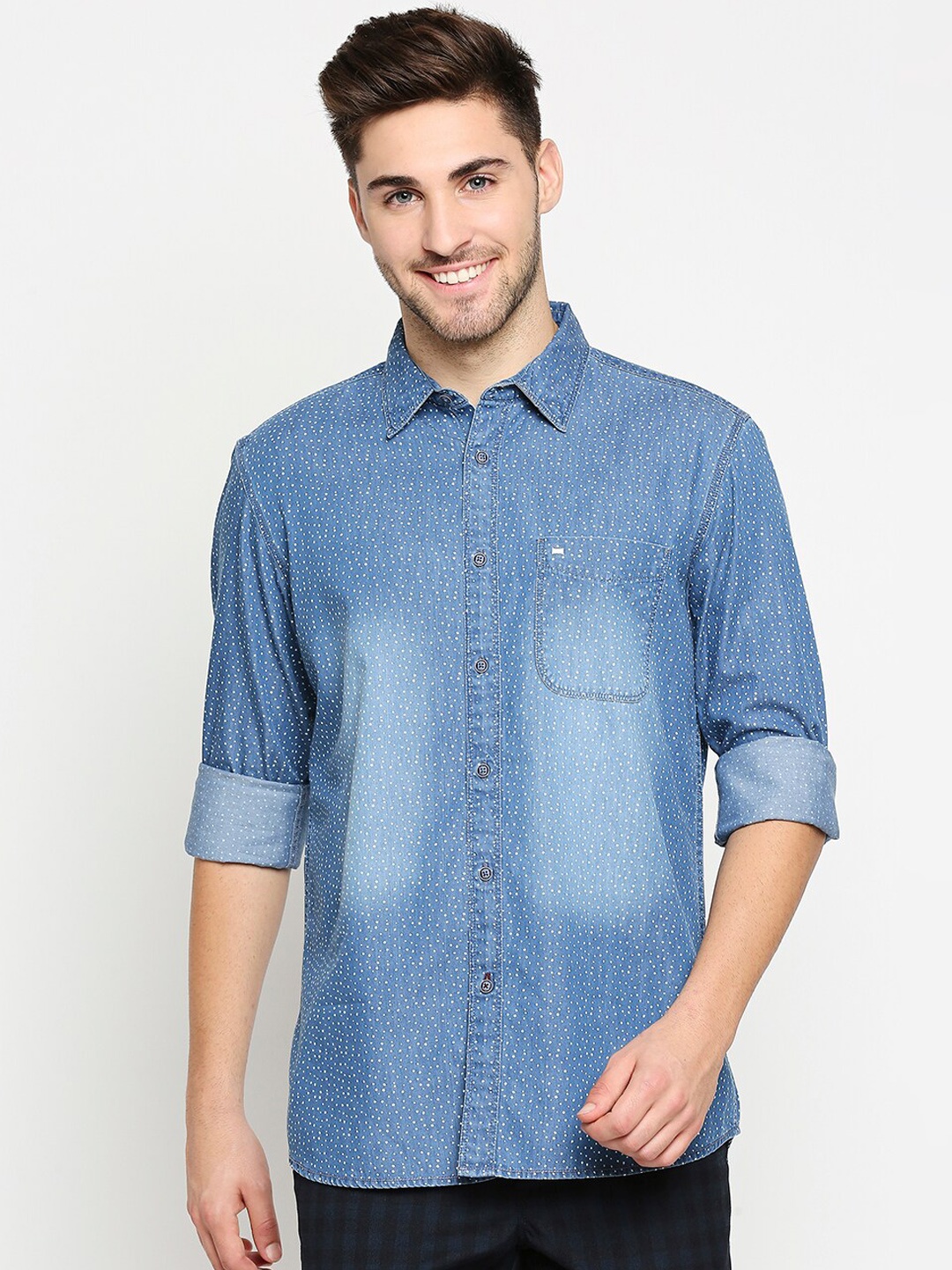 

Basics Men Navy Blue Pure Cotton Denim Faded & Printed Slim Fit Casual Shirt