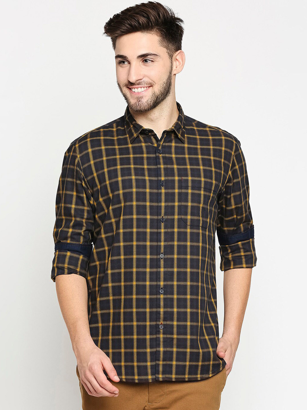 

Basics Men Pure Cotton Yellow & Brown Slim Fit Tartan Checked Casual Shirt