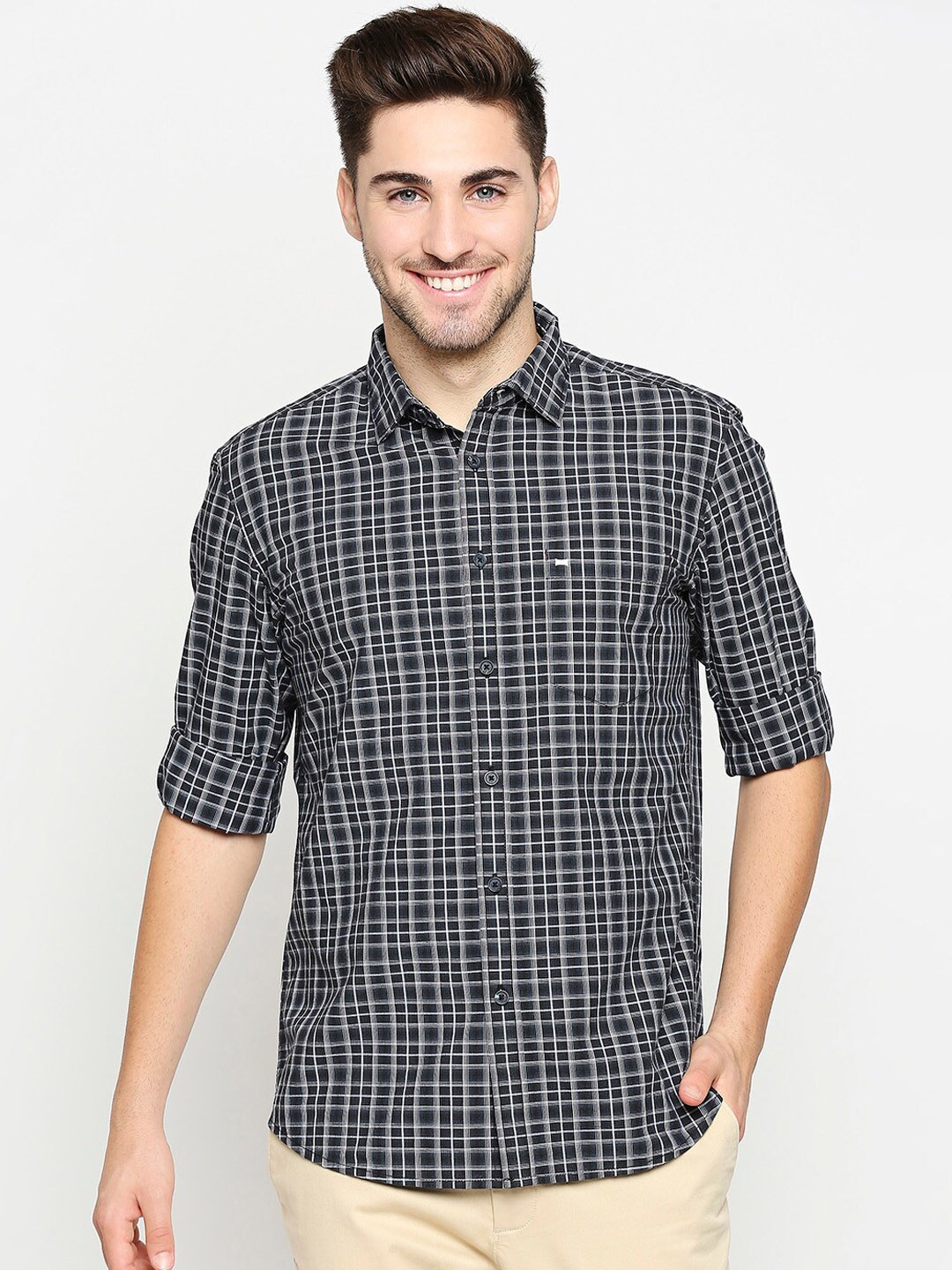 

Basics Men Black & Grey Pure Cotton Slim Fit Checked Casual Shirt