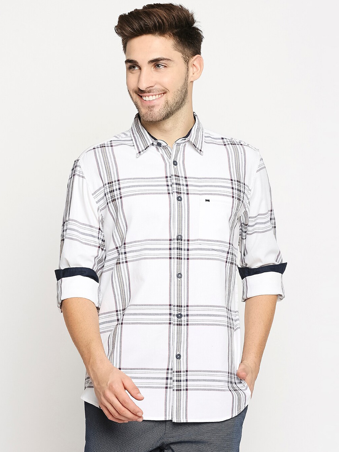 

Basics Men White & Grey Pure Cotton Slim Fit Checked Casual Shirt