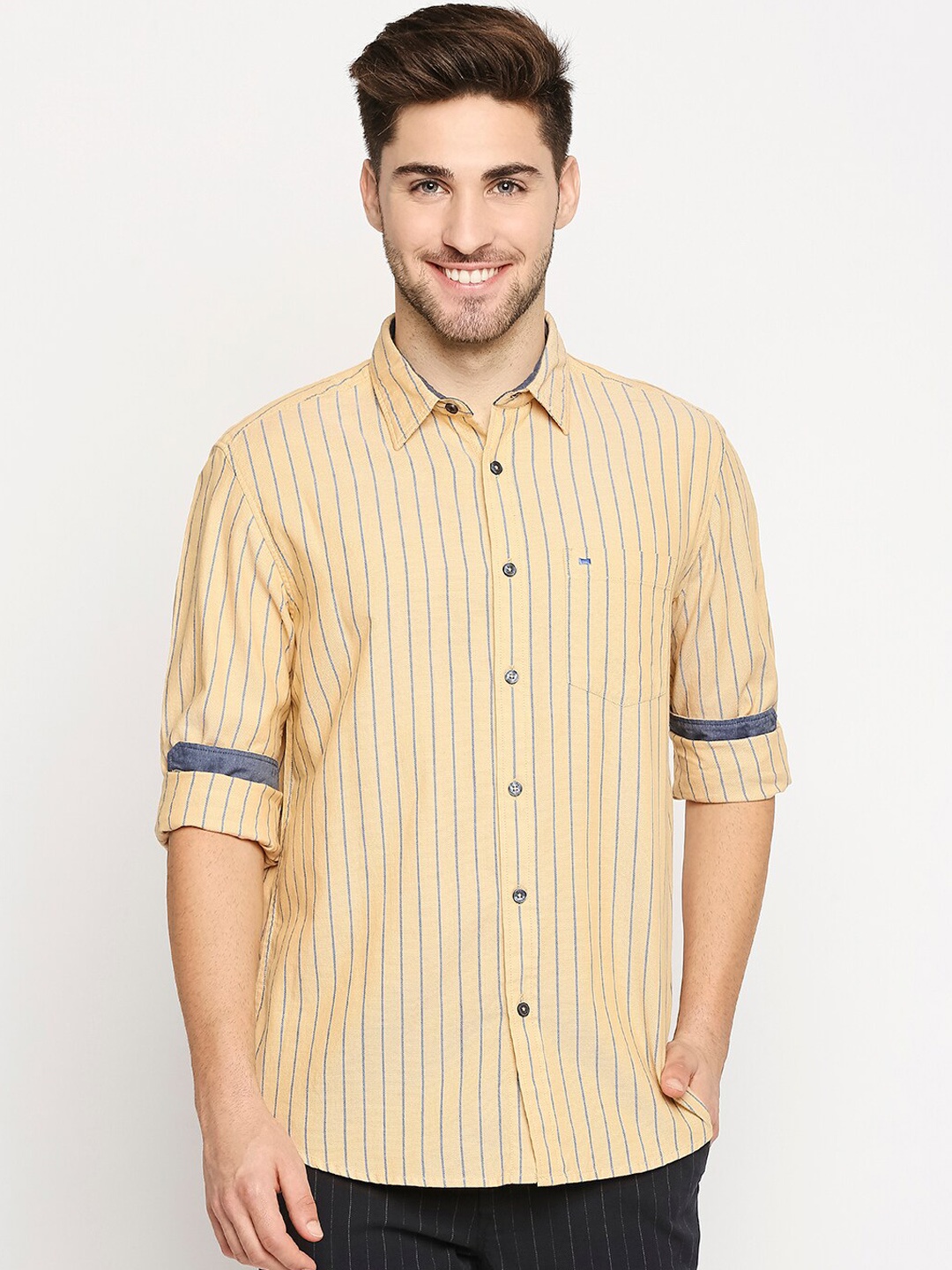 

Basics Men Yellow & Grey Pure Cotton Slim Fit Vertical Striped Casual Shirt