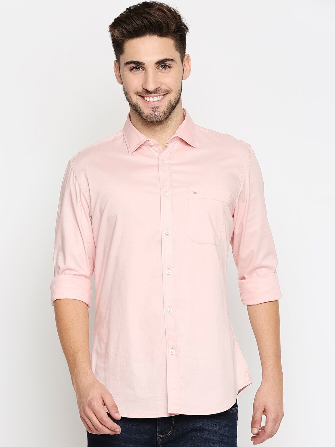 

Basics Men Peach-Coloured Pure Cotton Slim Fit Casual Shirt