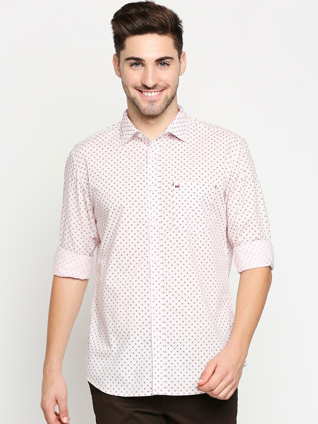 

Basics Men Light Pink Pure Cotton Slim Fit Printed Casual Shirt