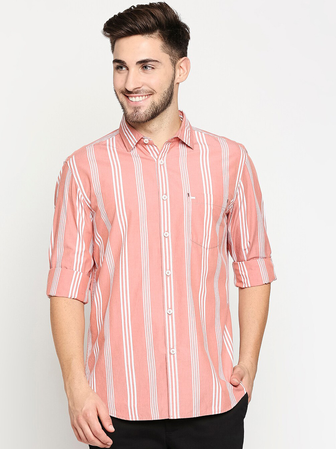 

Basics Men Orange & White Pure Cotton Slim Fit Vertical Striped Casual Shirt