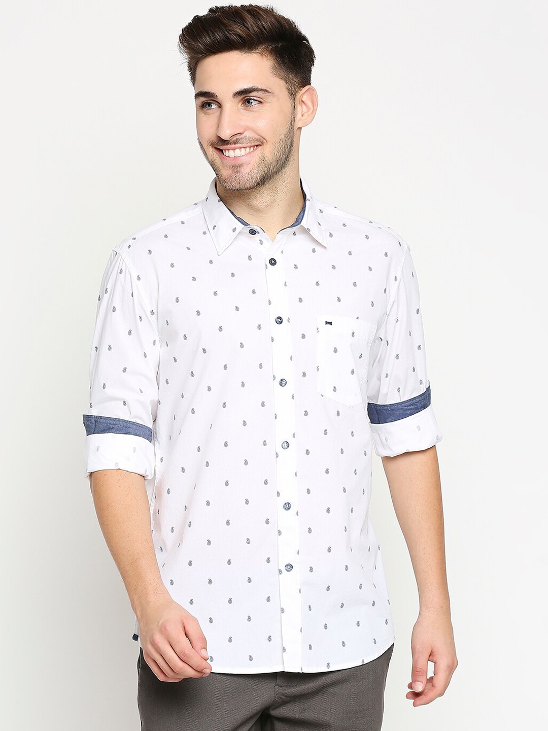 

Basics Men White Pure Cotton Slim Fit Paisley Printed Casual Shirt