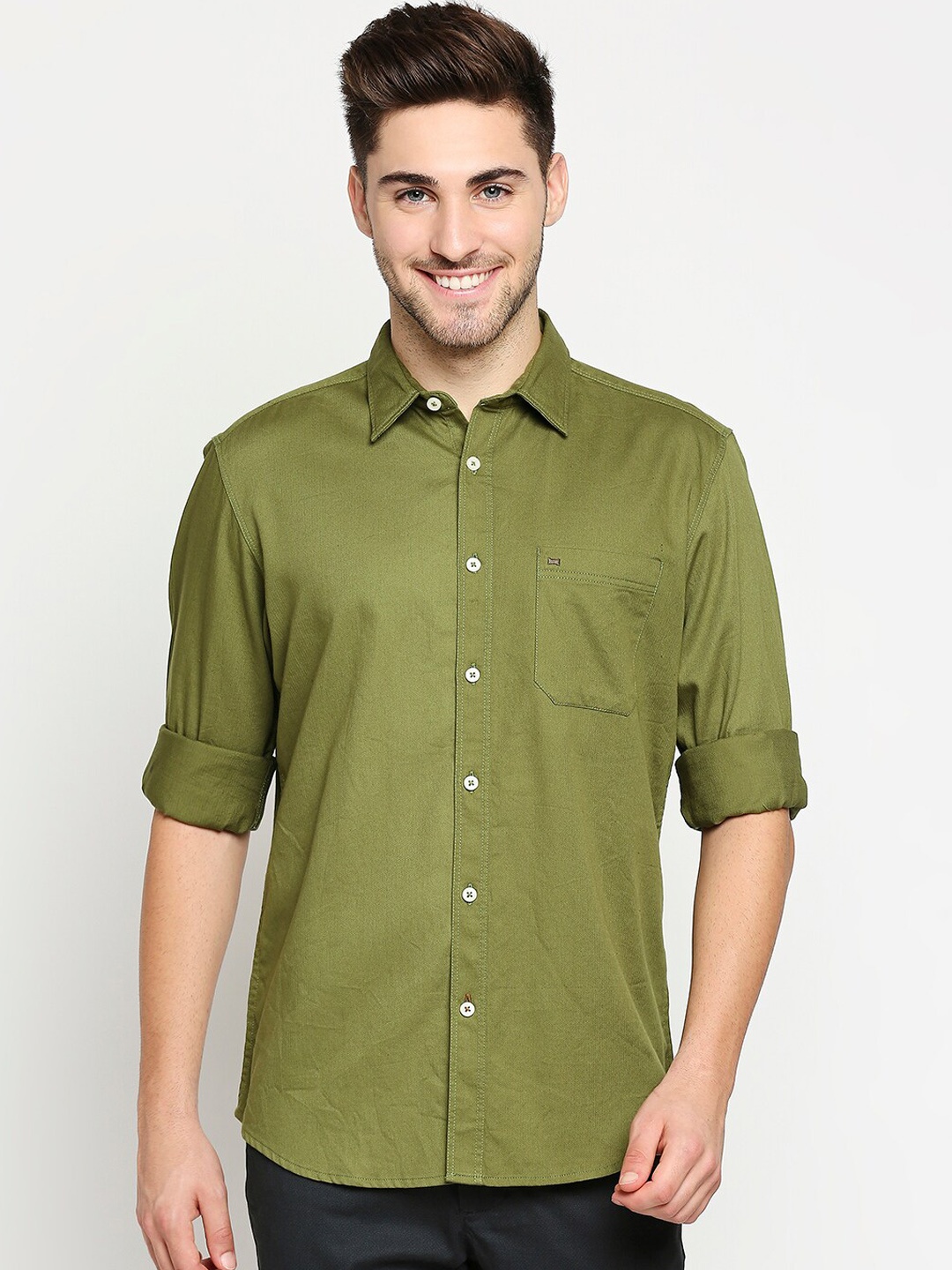 

Basics Men Olive Green Pure Cotton Slim Fit Solid Casual Shirt