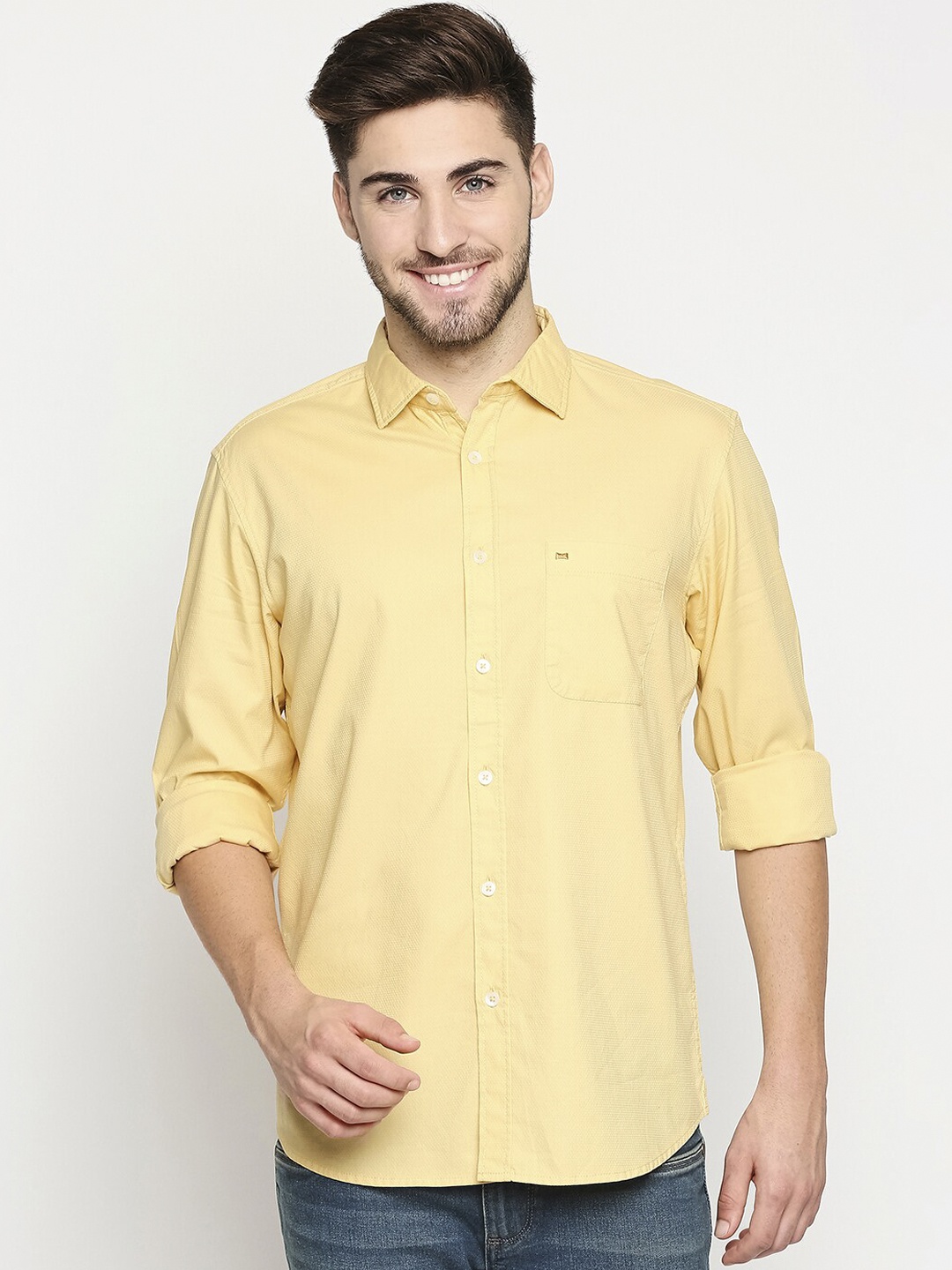 

Basics Men Yellow Pure Cotton Slim Fit Solid Casual Shirt