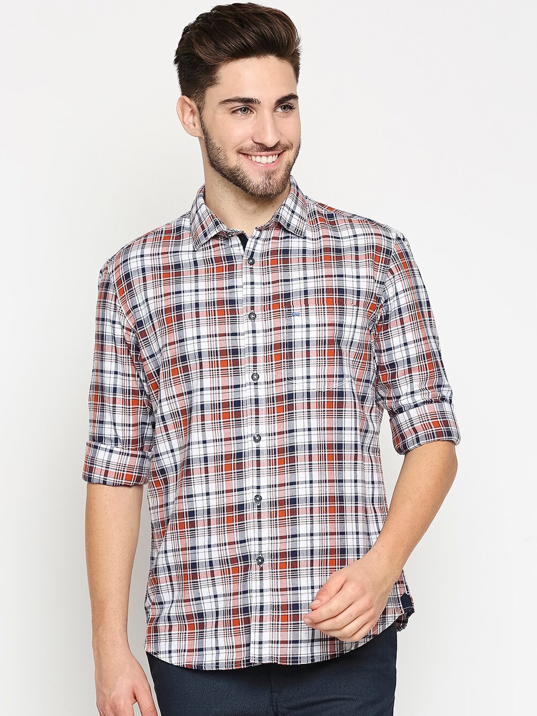 

Basics Men Orange & Grey Pure Cotton Slim Fit Tartan Checked Casual Shirt