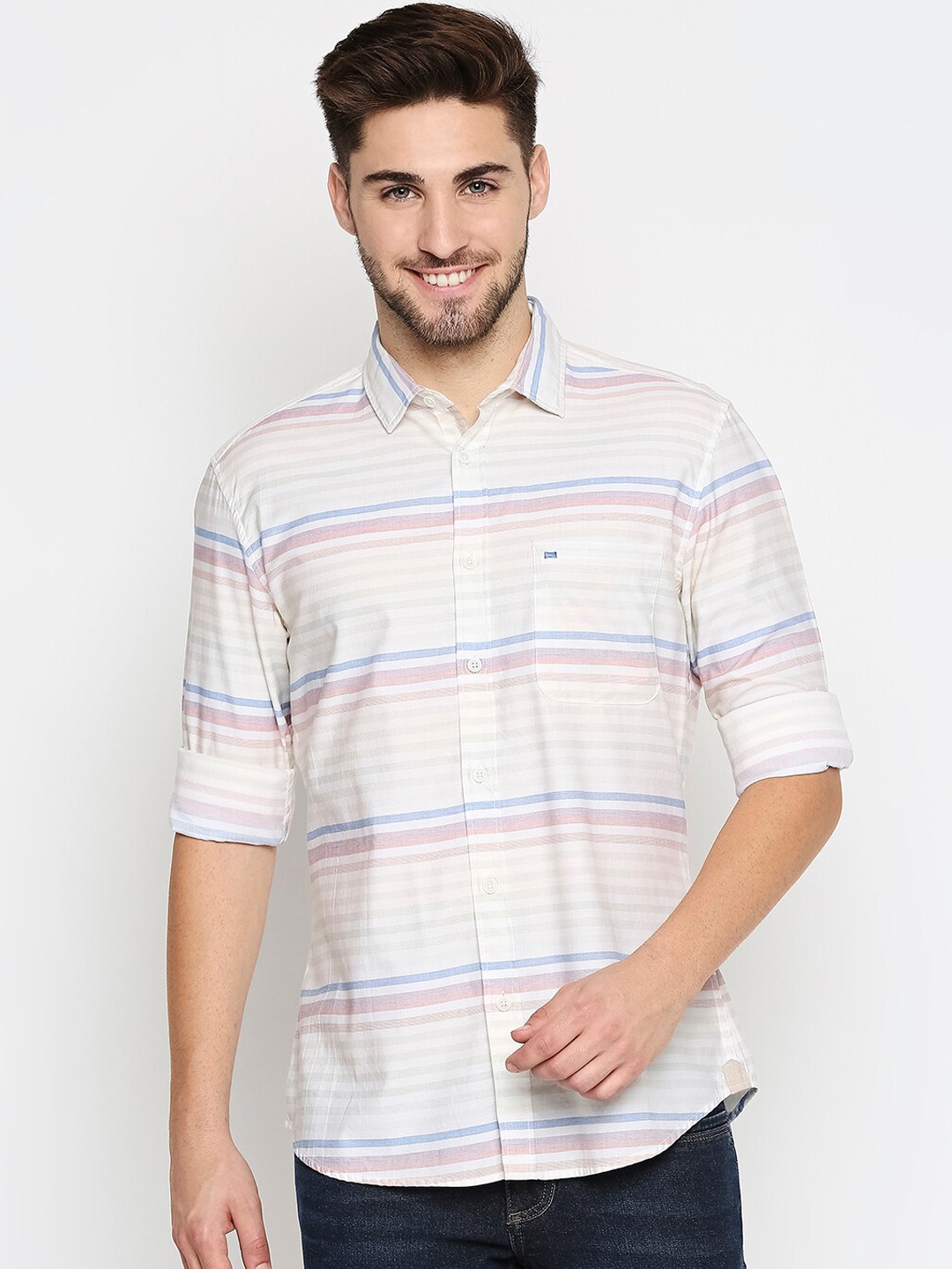 

Basics Men Multicoloured Pure Cotton Slim Fit Multi Stripes Striped Casual Shirt