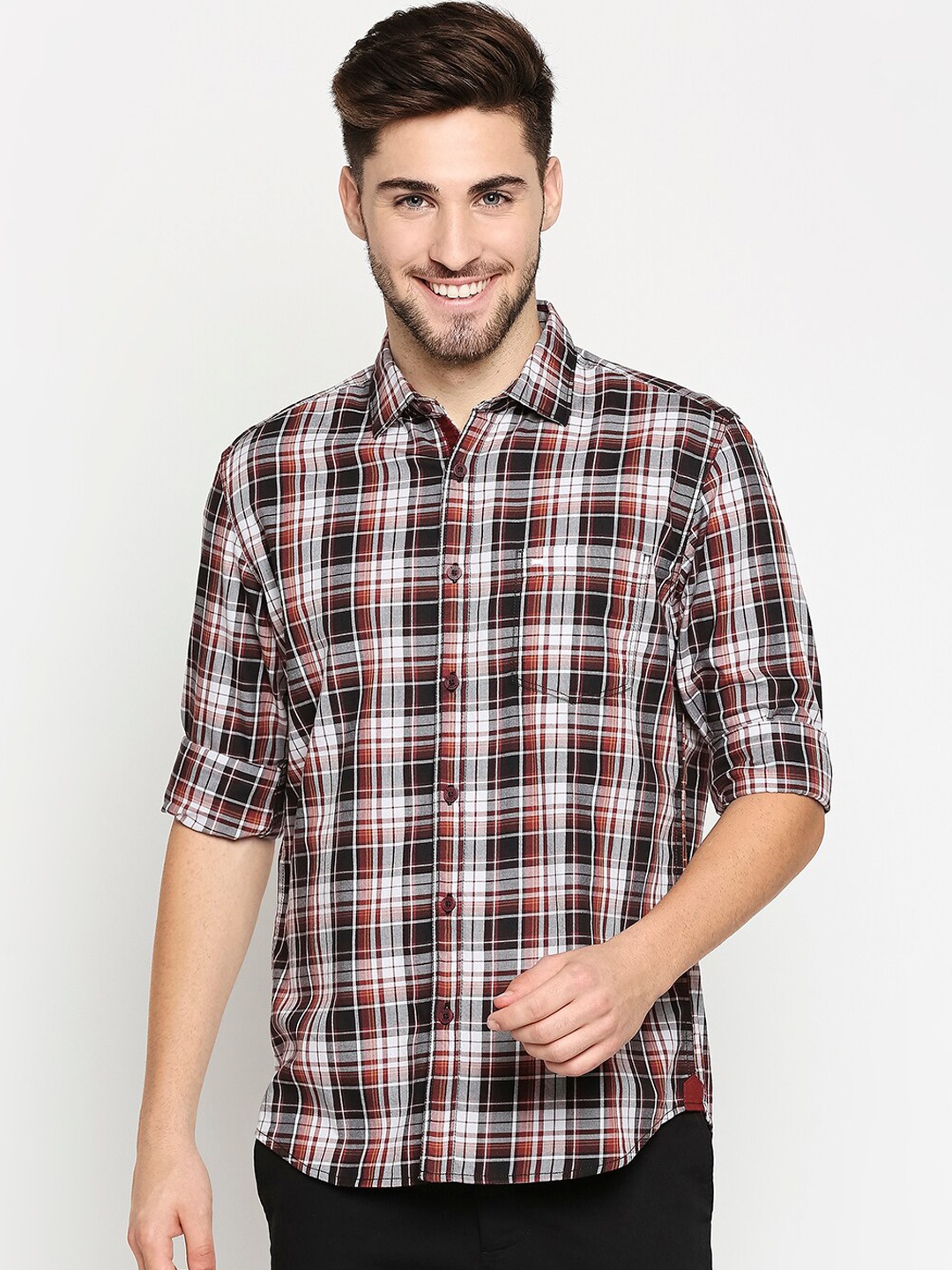 

Basics Men Grey & Brown Pure Cotton Slim Fit Tartan Checked Casual Shirt