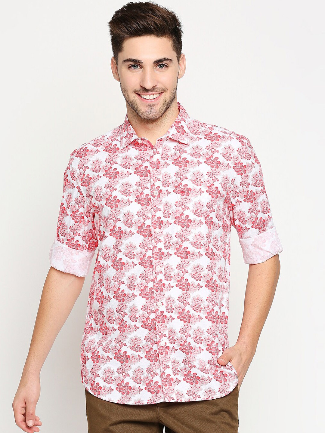 

Basics Men Red & Pink Pure Cotton Slim Fit Printed Casual Shirt
