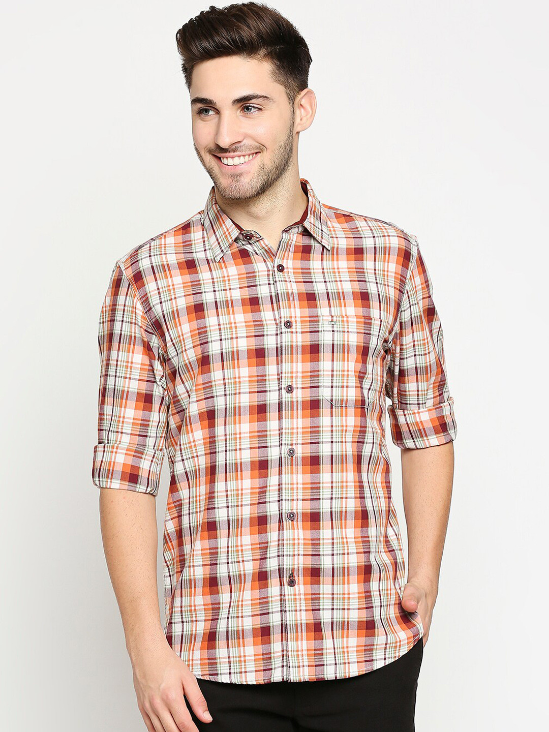 

Basics Men Orange & White Slim Fit Tartan Checks Checked Casual Shirt