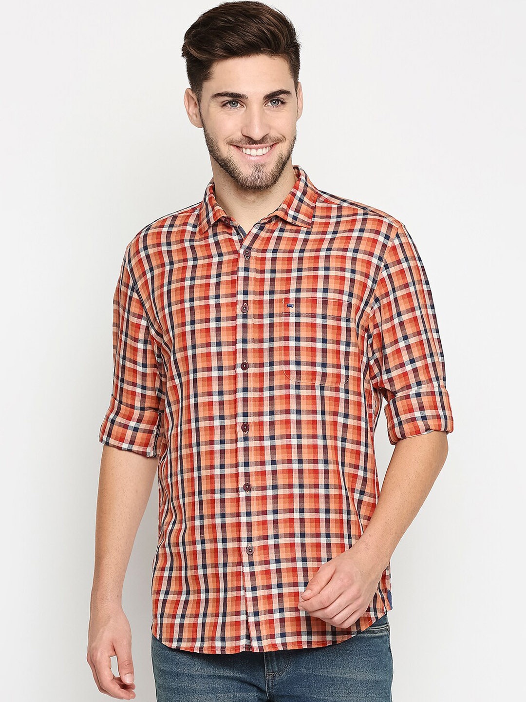 

Basics Men Orange Slim Fit Checked Pure Cotton Casual Shirt