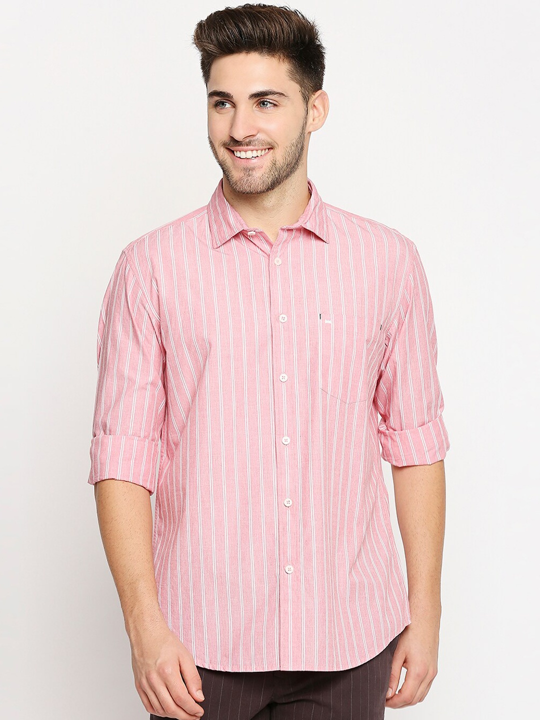 

Basics Men Pink Slim Fit Striped Pure Cotton Casual Shirt