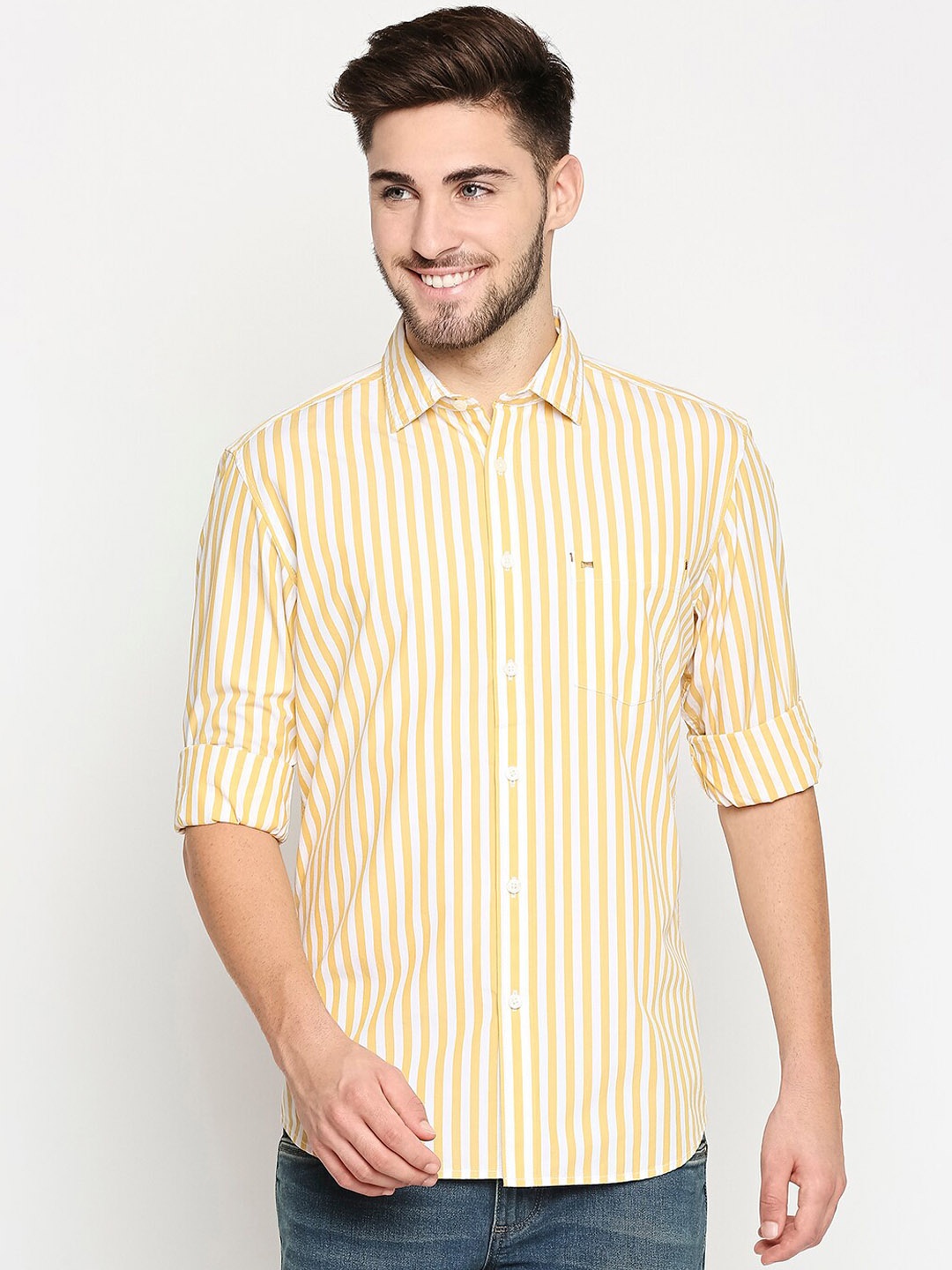 

Basics Men Yellow Slim Fit Striped Pure Cotton Casual Shirt