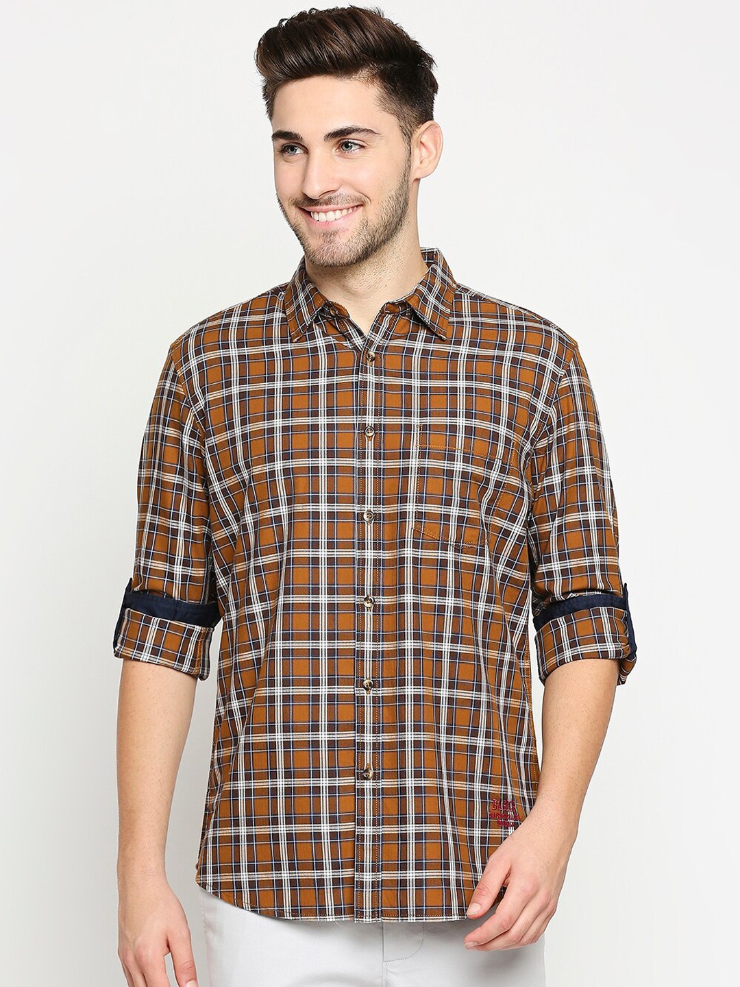 

Basics Men Brown Slim Fit Tartan Checks Checked Pure Cotton Casual Shirt