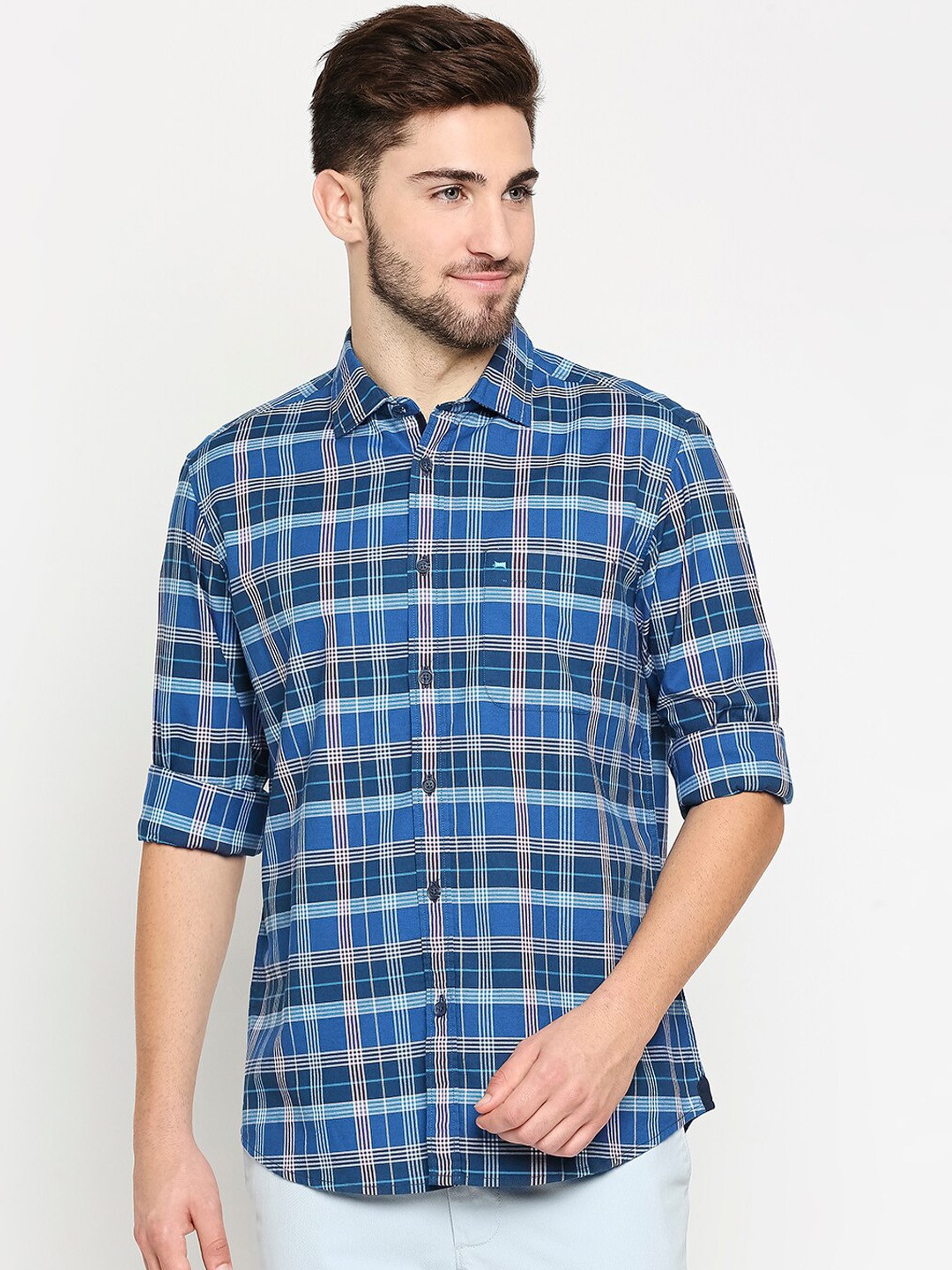 

Basics Men Navy Blue Slim Fit Tartan Checks Checked Pure Cotton Casual Shirt
