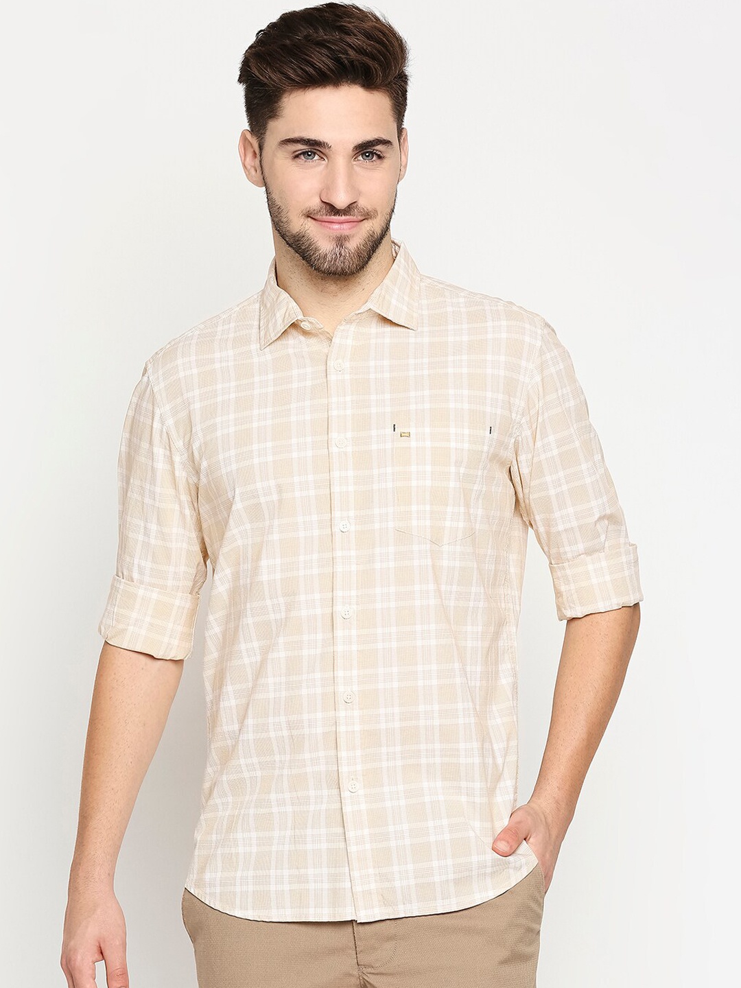 

Basics Men Yellow Slim Fit Checked Pure Cotton Casual Shirt