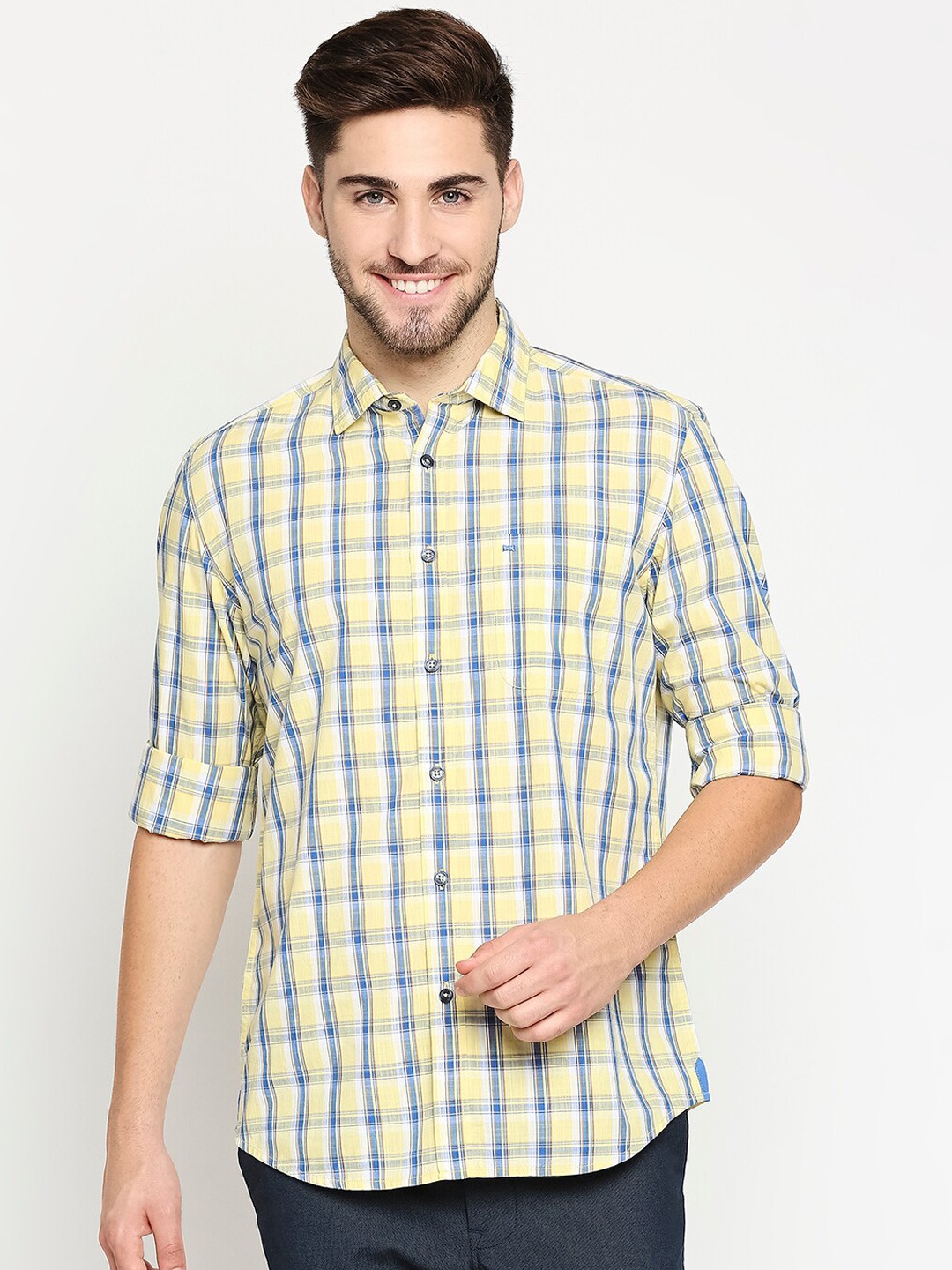 

Basics Men Yellow Slim Fit Checked Pure Cotton Casual Shirt