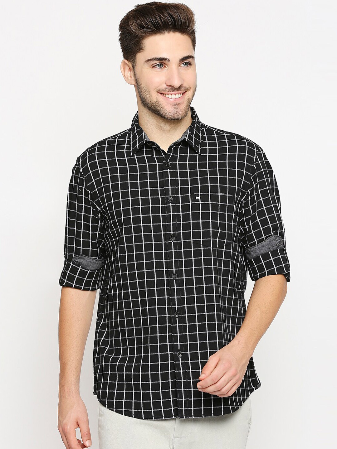 

Basics Men Black Slim Fit Windowpane Checks Checked Pure Cotton Casual Shirt
