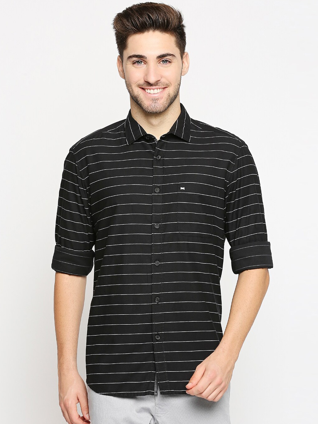 

Basics Men Black & White Striped Casual Shirt