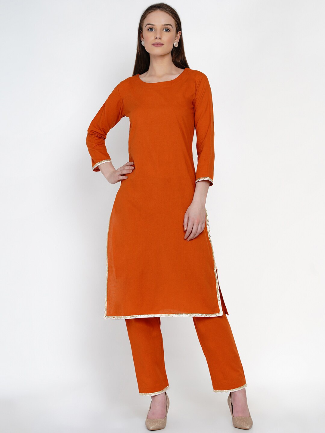 

FABNEST Women Rust Pure Cotton Kurta with Trousers