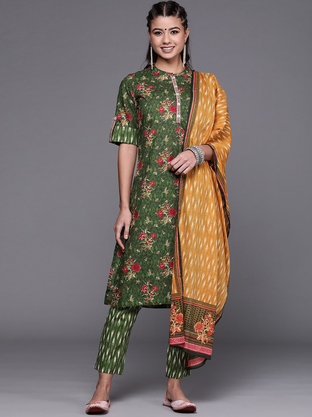

Biba Women Green Ethnic Motifs Print Cotton Kurta with Trousers & Dupatta