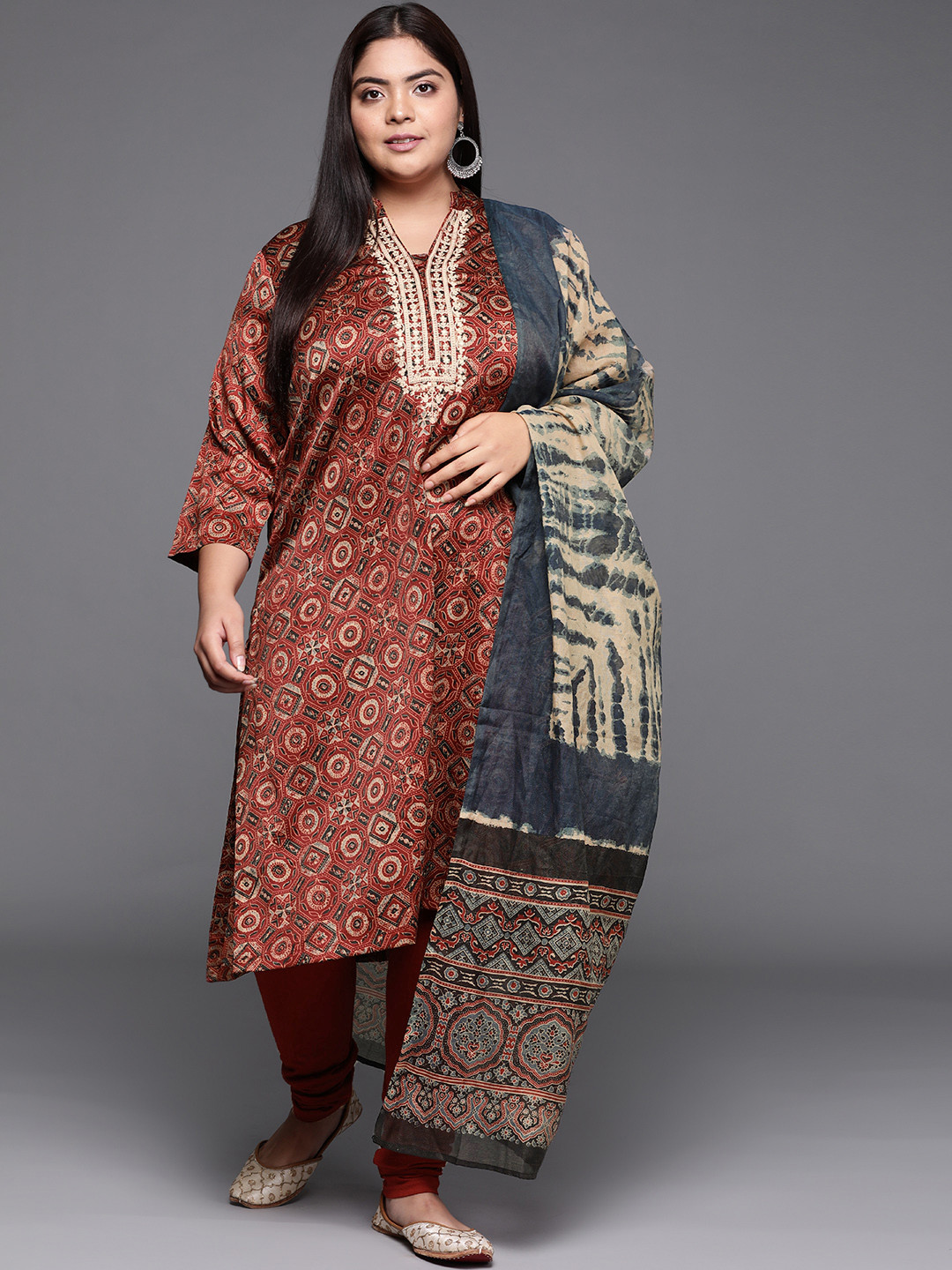 

Biba Women Maroon Ethnic Motifs Printed Regular Plus Size Kurta Sets