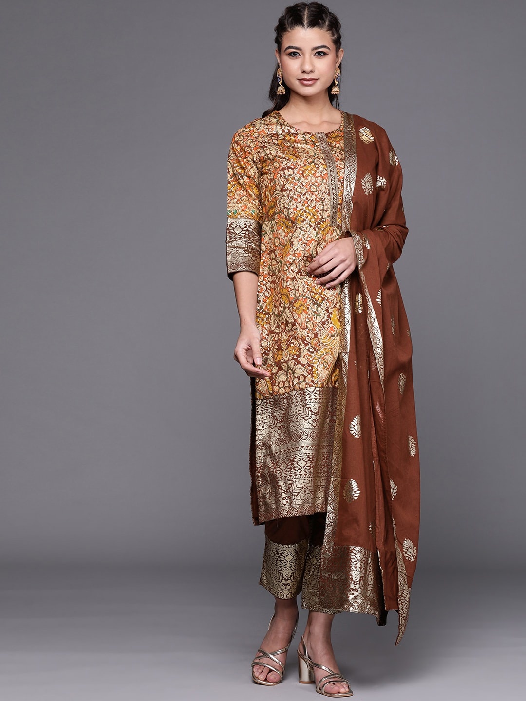 

Biba Women Beige & Brown Motifs Printed Regular Kurta with Trousers & Dupatta