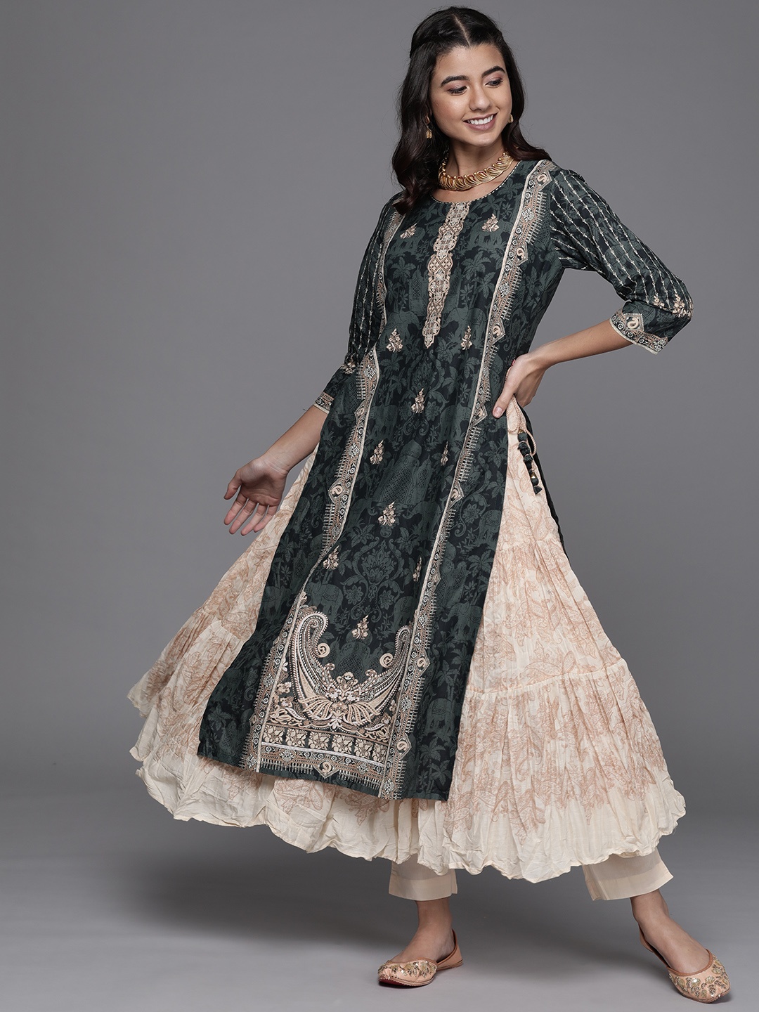 

Biba Women Green Ethnic Motifs Printed Regular Pure Cotton Kurta with Palazzos & With Dupatta