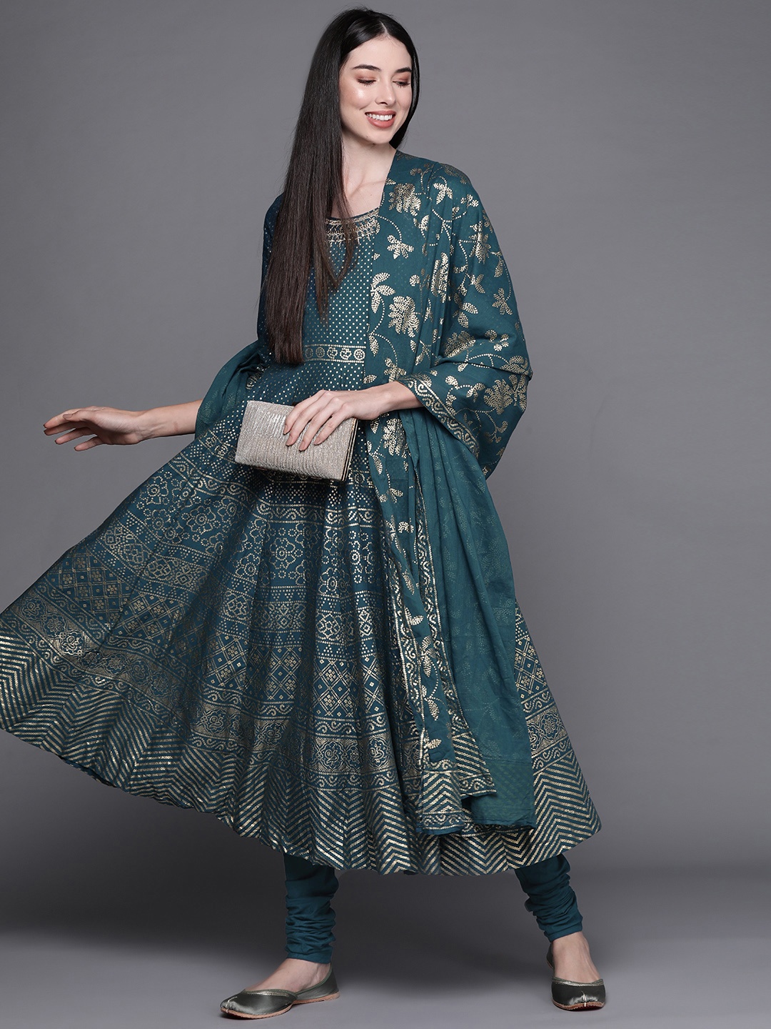 

Biba Women Teal Green & Golden Ethnic Printed Pure Cotton Kurta with Churidar & Dupatta