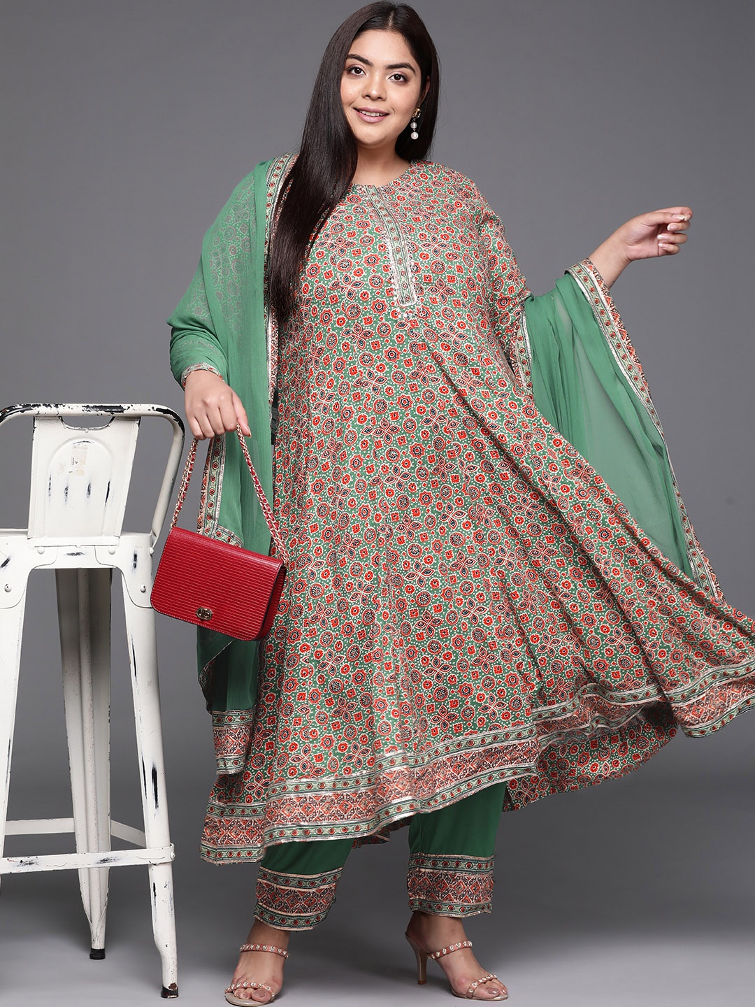

Biba Women Green Printed Regular Kurta with Trousers & With Dupatta