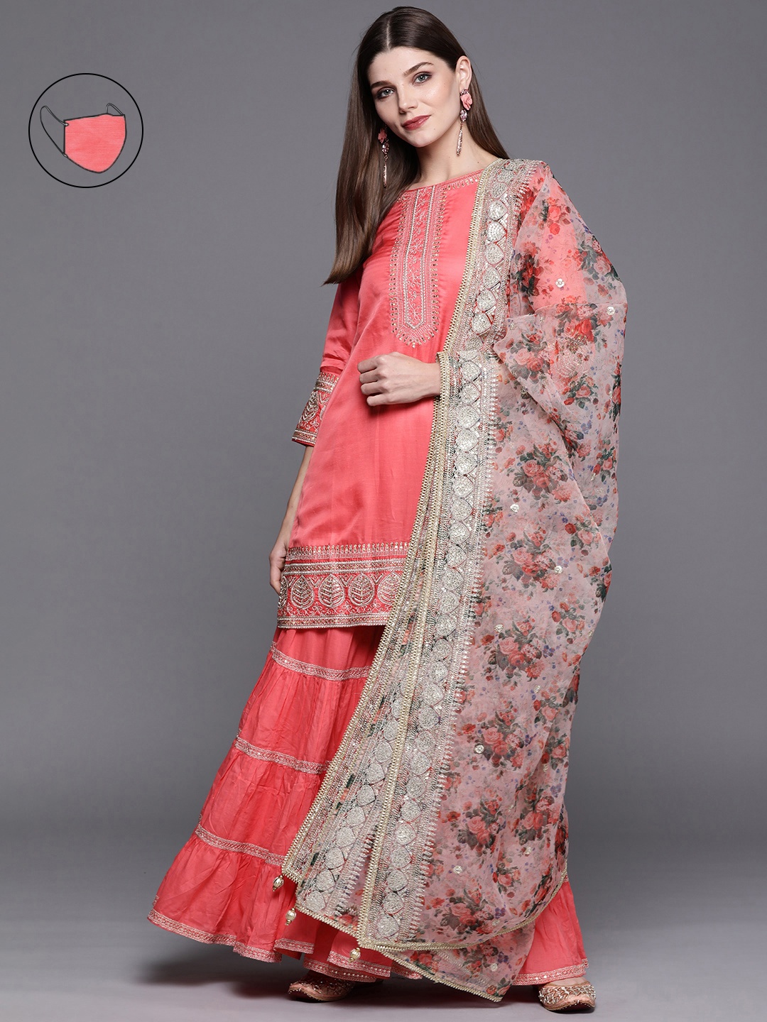 

Biba Women Coral Yoke Design Regular Kurta with Palazzos & With Dupatta