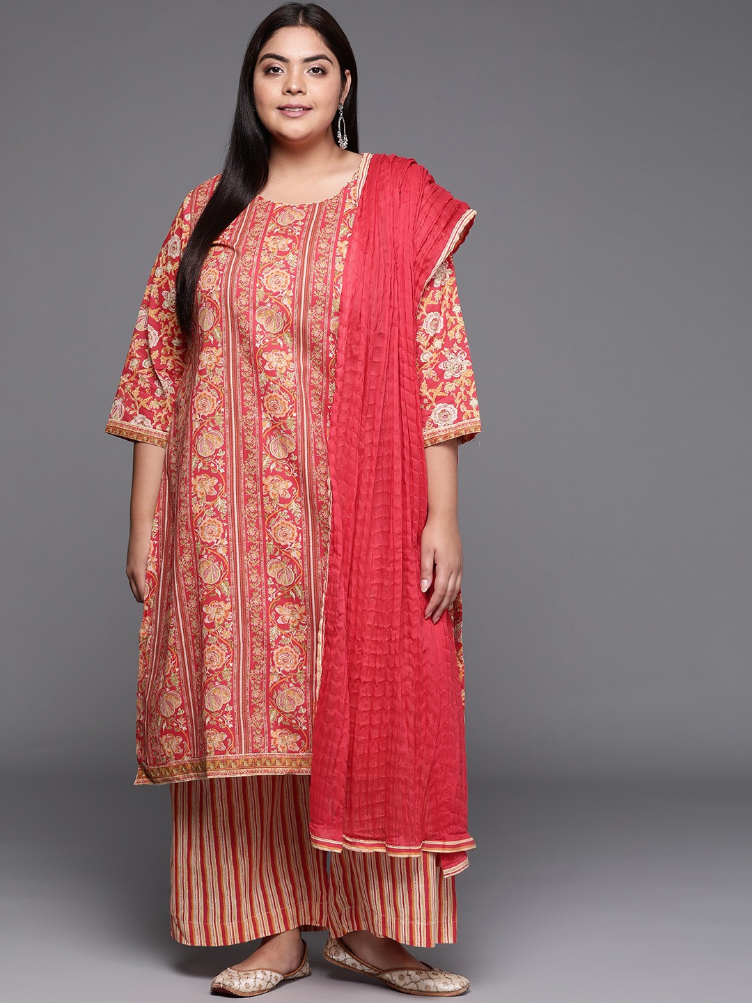 

Biba Women Red Ethnic Motifs Printed Regular Pure Cotton Plus Size Kurta Sets