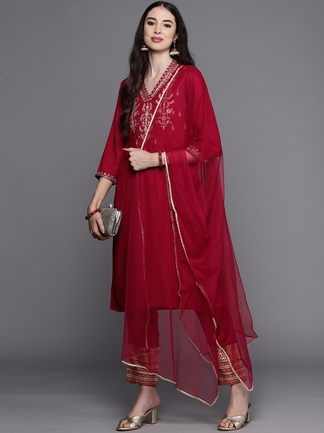 

Biba Women Maroon & Golden Ethnic Yoke Design Regular Kurta with Trousers & Dupatta