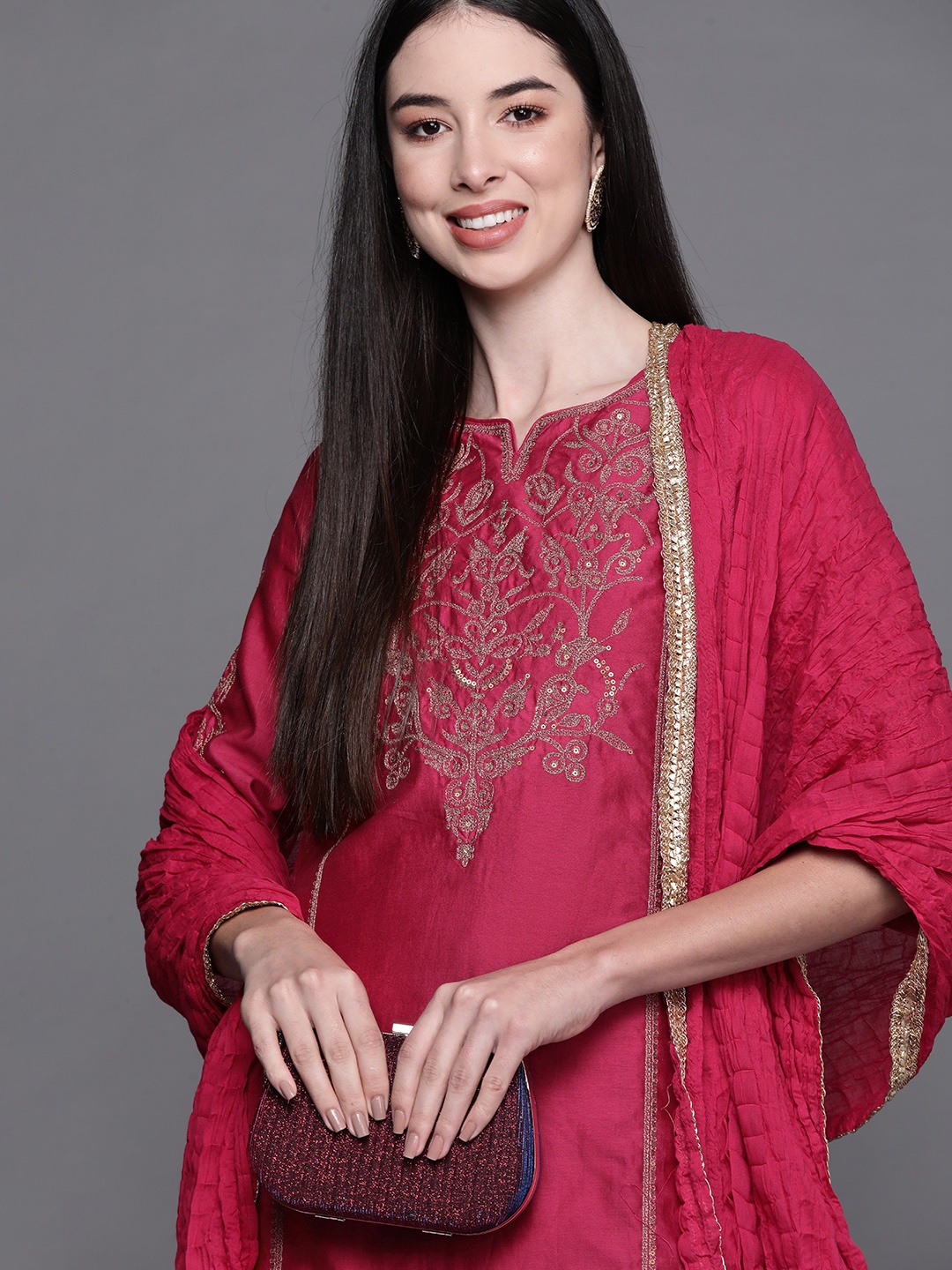 

Biba Women Pink & Golden Ethnic Embroidered Layered Kurta with Churidar & Dupatta