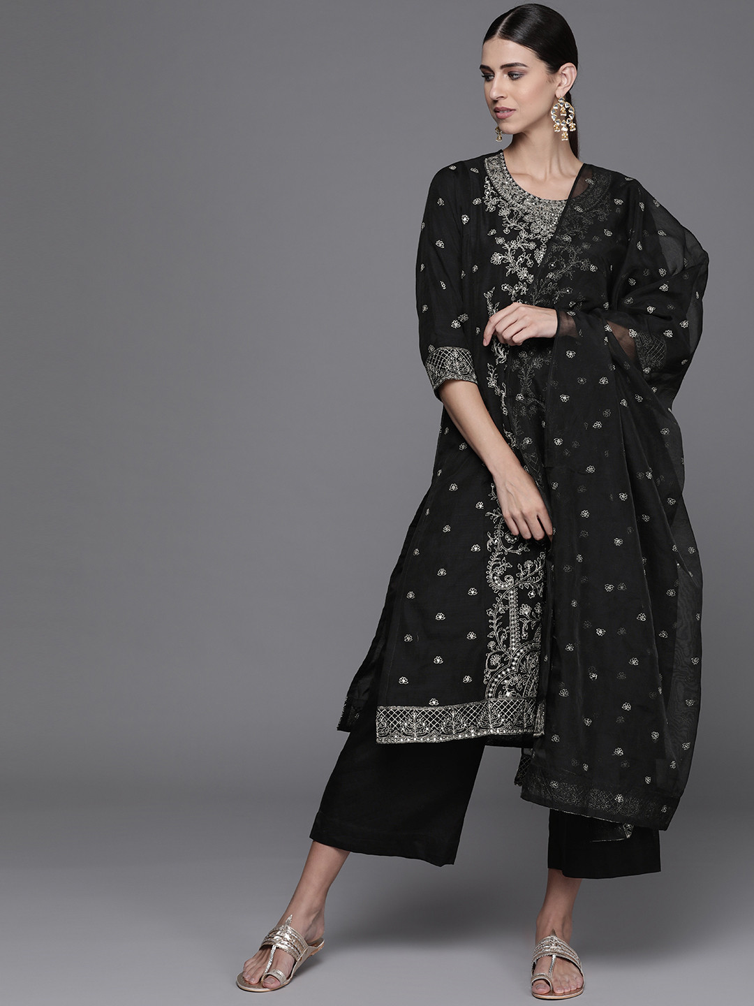 

Biba Women Black & White Regular Embroidered Kurta with Palazzos & Dupatta