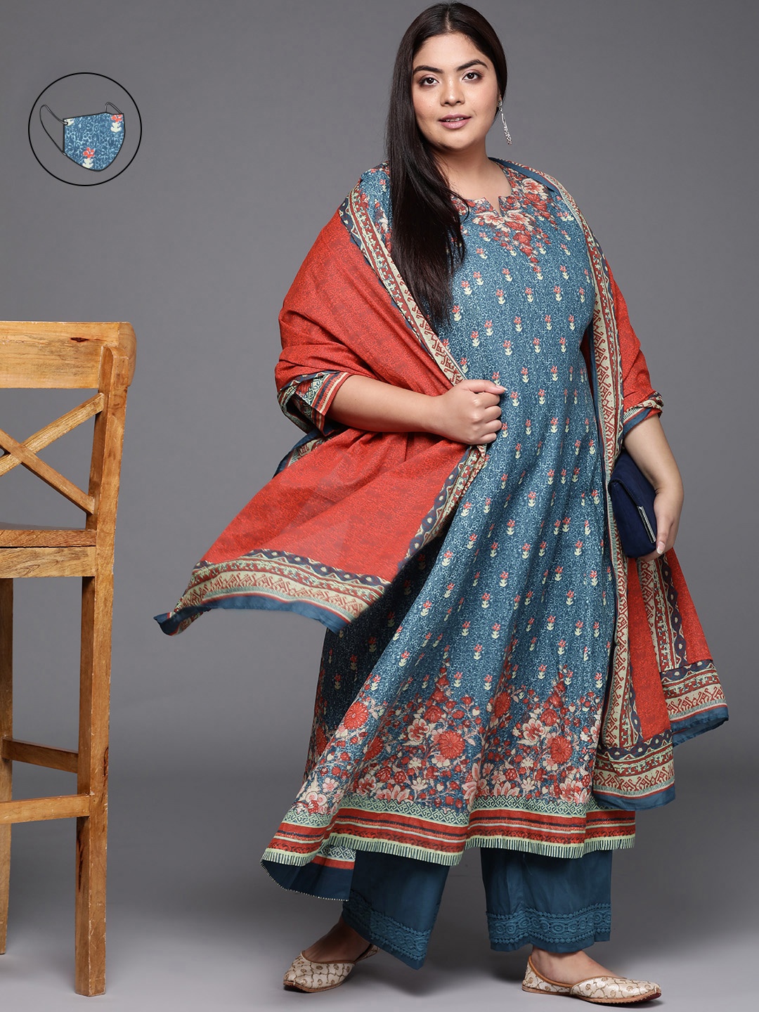 

Biba Women Blue Floral Printed Regular Pure Cotton Plus Size Kurta Sets