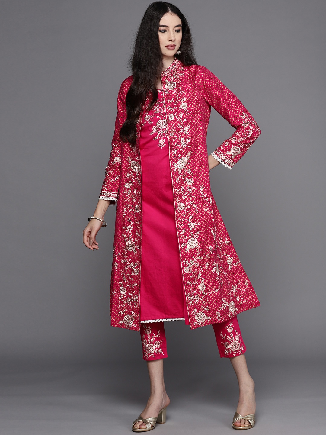 

Biba Women Pink & Golden Ethnic Motifs Printed Layered Thread Work Kurta with Trousers