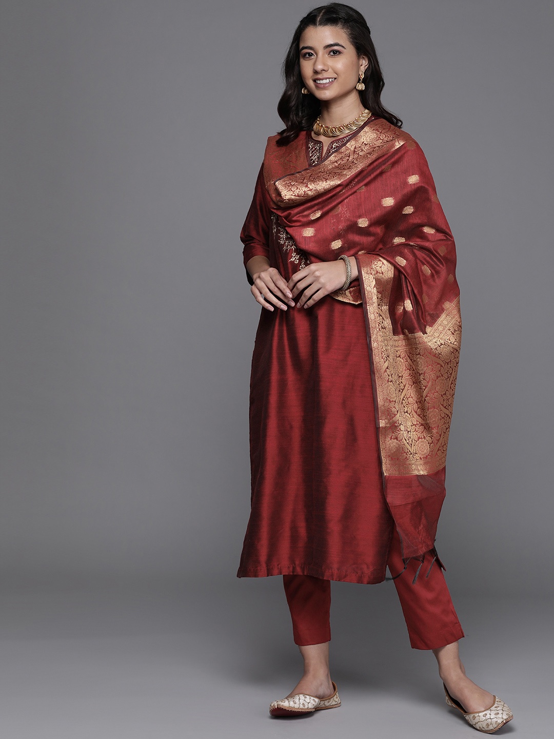 

Biba Women Maroon & Golden Yoke Design Regular Kurta with Palazzos & Dupatta