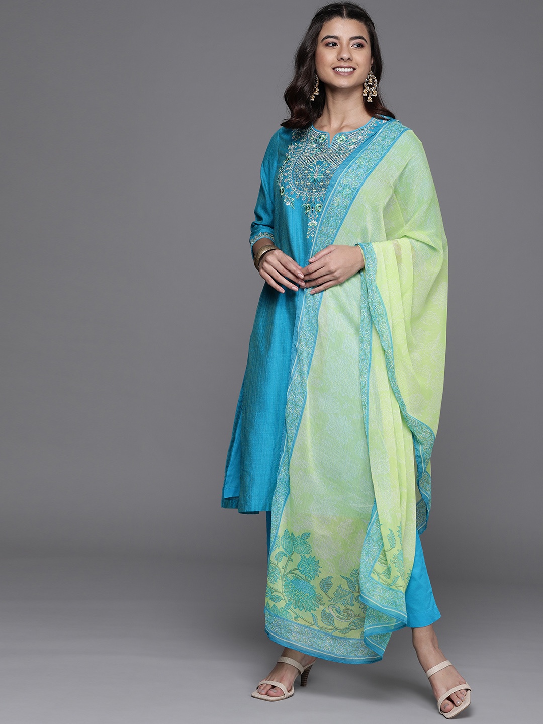 

Biba Women Turquoise Blue & Yellow Ethnic Motifs Yoke Design Kurta with Trousers & Dupatta