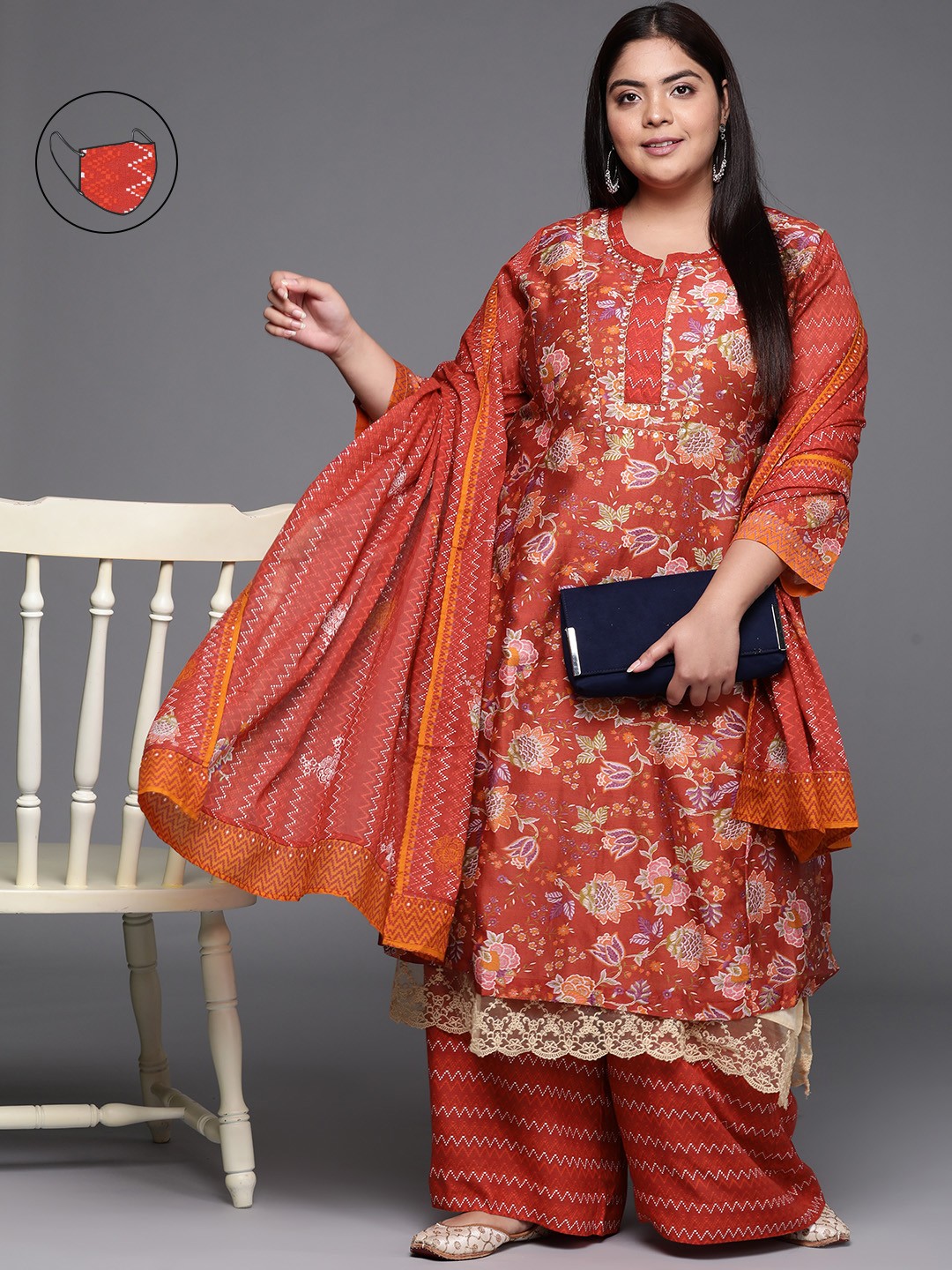 

Biba Women Red Floral Printed Layered Chanderi Silk Plus Size Kurta Sets